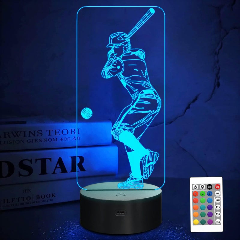 FULLOSUN Baseball 3D Night Light, Sport Gifts Bedside Lamp for Xmas Holiday Birthday Gifts for Baseball Fan with Remote Control 16 Colors Changing + 4 Changing Mode + Dim Function - Image 1